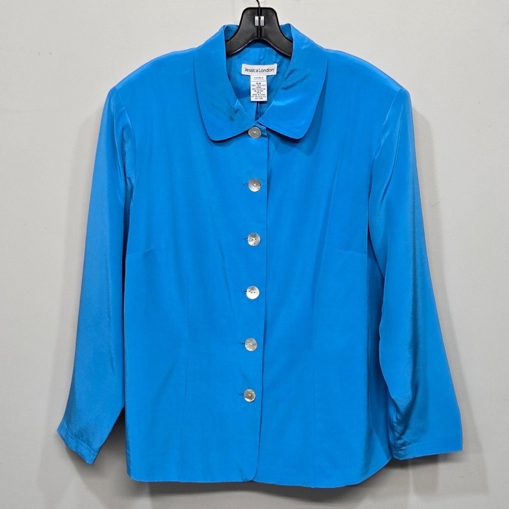 Jessica London 100% Silk Jacket Plus Size 16W Vintage Y2K Blue Peter Pan‎ Collar